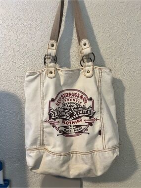 Levi's Cream Canvas Tote with Maroon Logo and Tan Straps